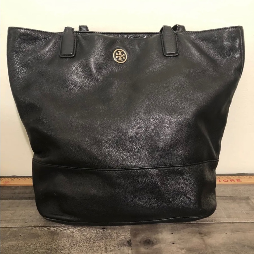 TORY BURCH Black Smooth Leather Large Shoulder Tote Bag Floral Lining Shopping